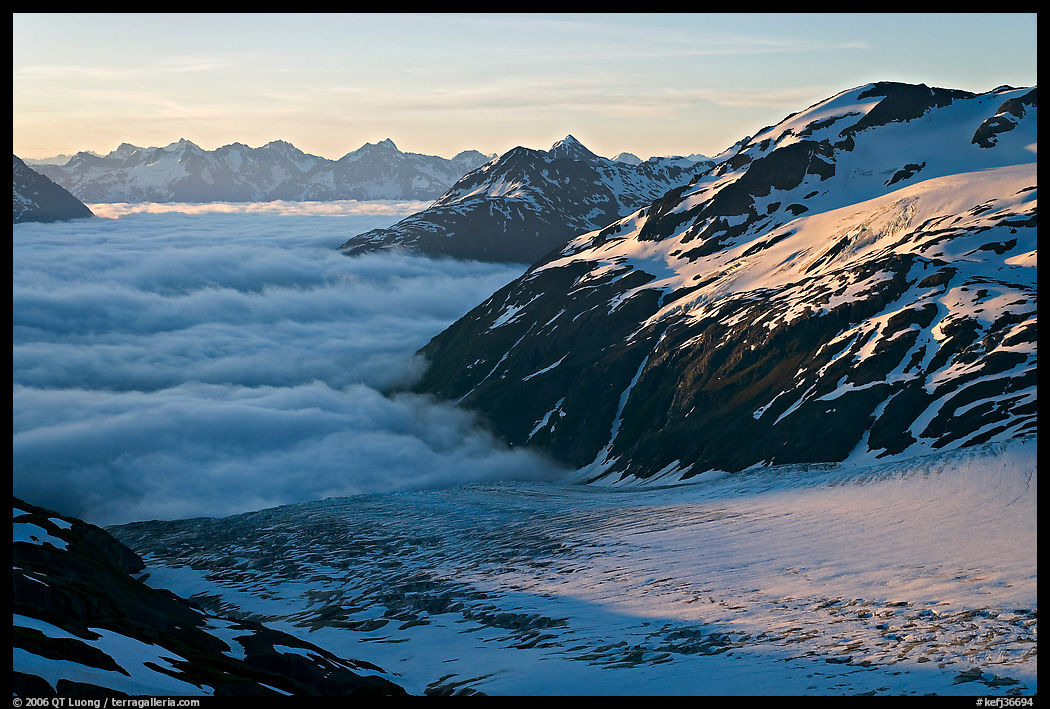 Craggy peaks, glacier, and sea of clouds. Kenai Fjords  National Park, Alaska, USA.