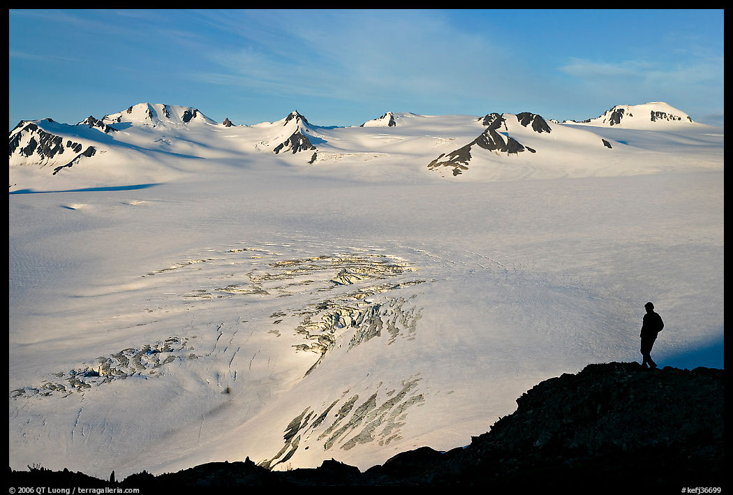 Harding icefield with man standing in the distance. Kenai Fjords  National Park, Alaska, USA.