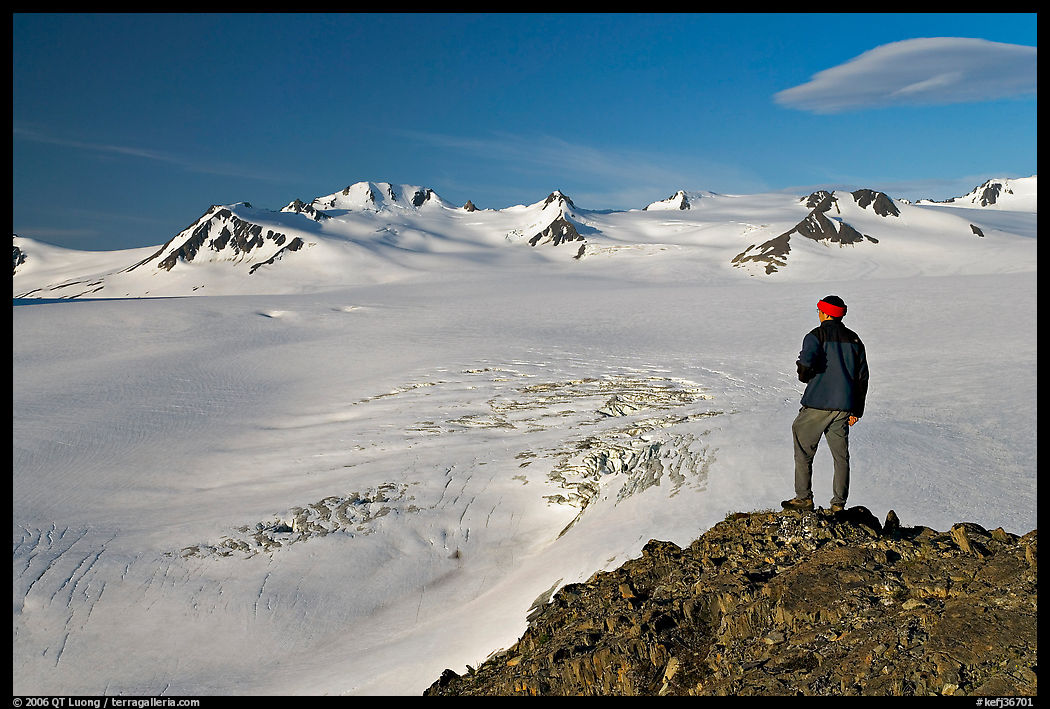 Man looking at the Harding ice field, early morning. Kenai Fjords  National Park