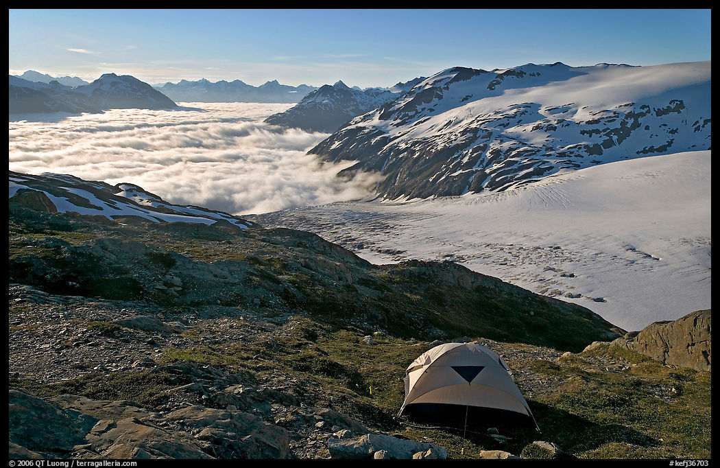 Camping in tent above glacier and sea of clouds. Kenai Fjords  National Park, Alaska, USA.