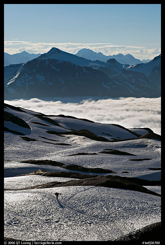 Mountains and sea of clouds, hiker on snow-covered trail. Kenai Fjords  National Park, Alaska, USA.