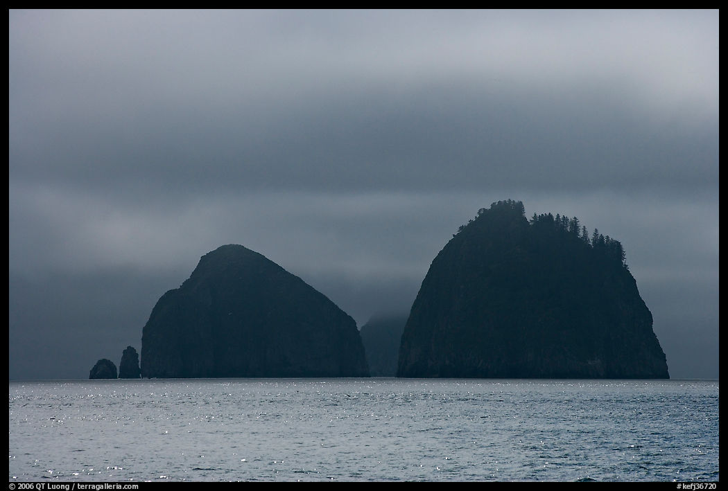 Islands emerging from fog, Aialik Bay. Kenai Fjords  National Park, Alaska, USA.