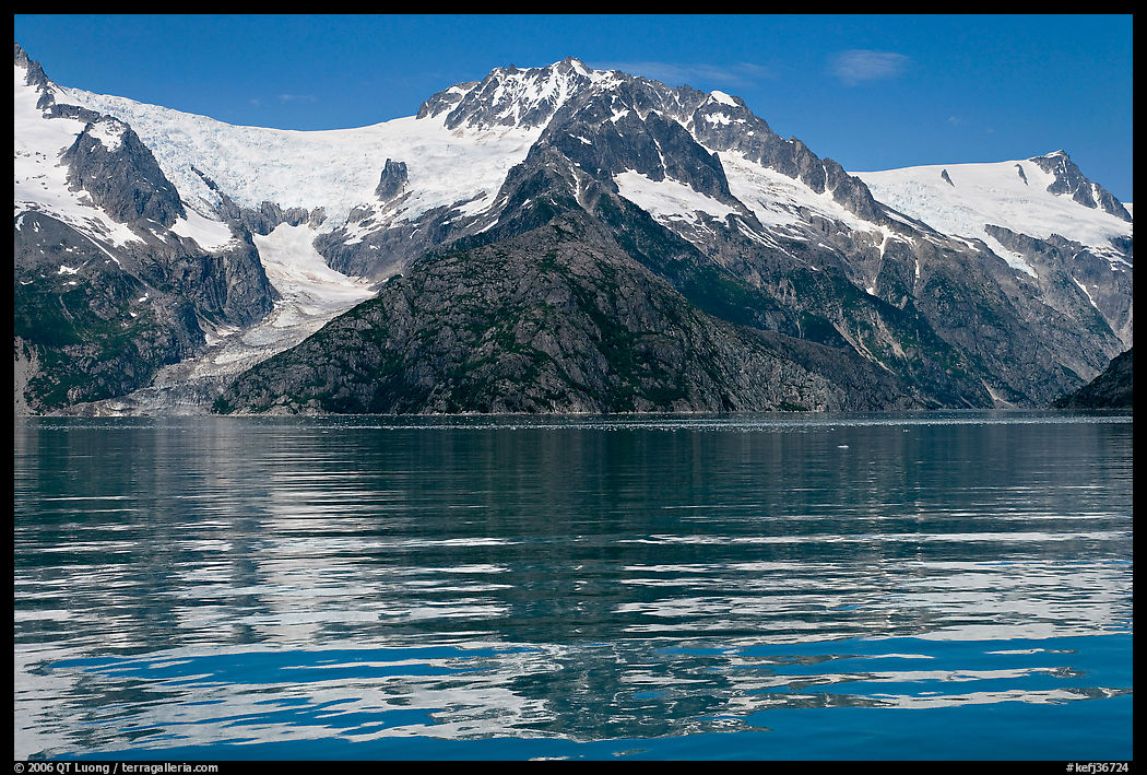 Rippled refections of peaks and glaciers, Northwestern Fjord. Kenai Fjords  National Park, Alaska, USA.