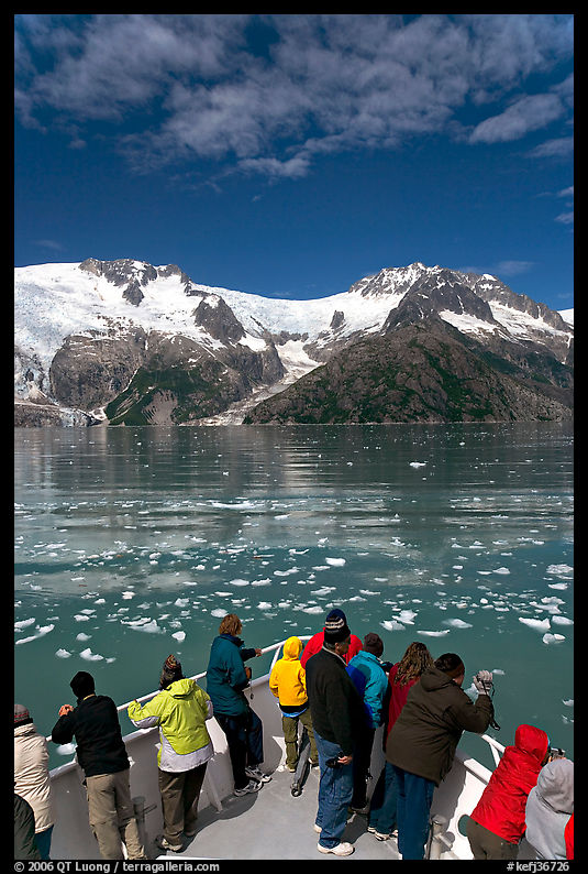 People looking as tour boat slows down for iceberg, Northwestern Fjord. Kenai Fjords  National Park, Alaska, USA.