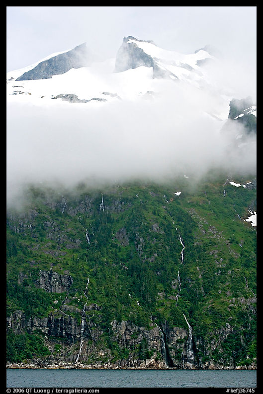 Cloud-covered peak and waterfalls, Northwestern Fjord. Kenai Fjords  National Park, Alaska, USA.