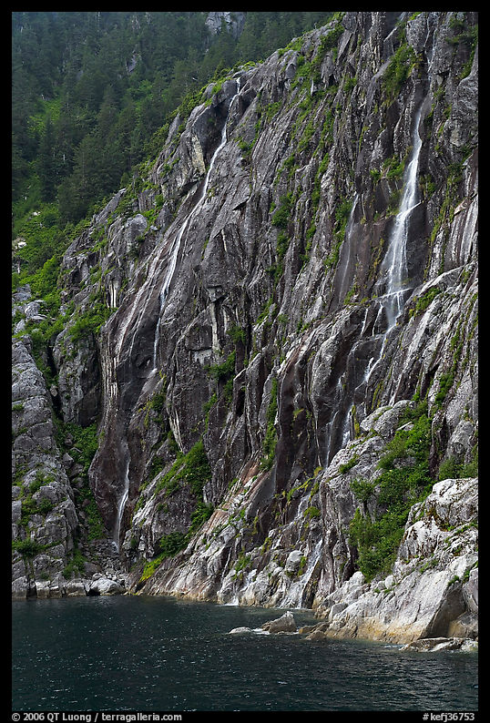 Waterfalls streaming into cove, Northwestern Fjord. Kenai Fjords  National Park, Alaska, USA.