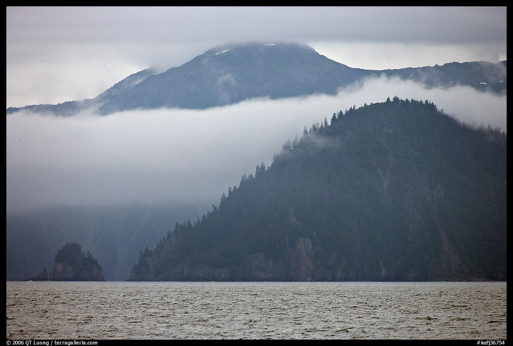 Mountains and fog above Aialik Bay. Kenai Fjords  National Park, Alaska, USA.