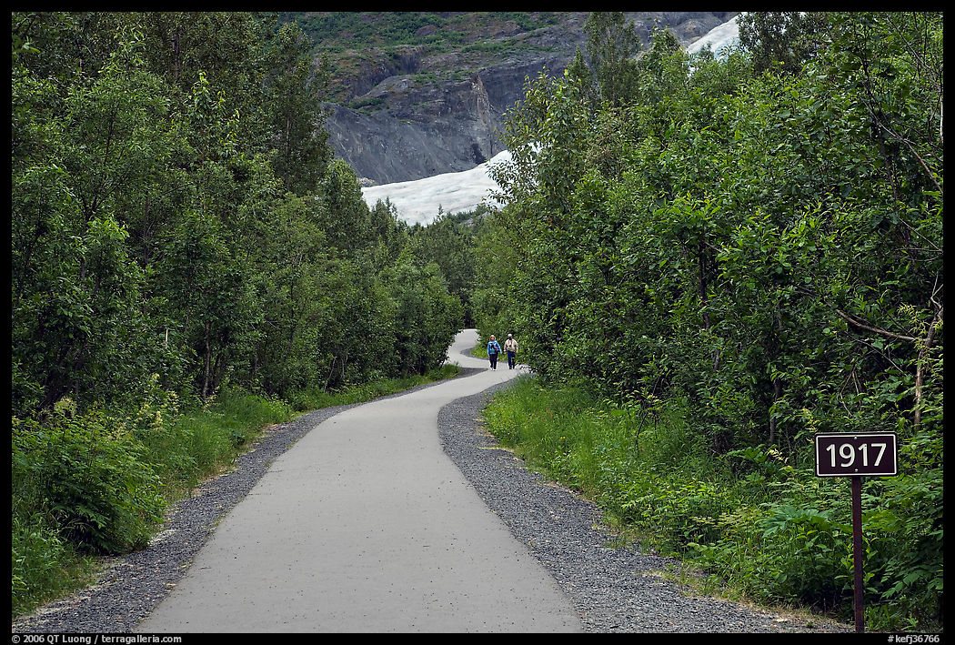 Exit Glacier trail with marker showing glacial retreat. Kenai Fjords  National Park, Alaska, USA.
