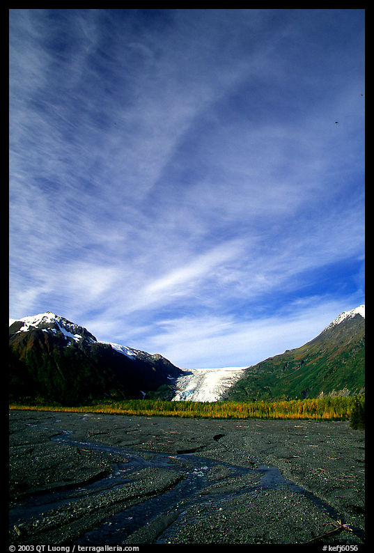 Sky, Resurrection River and Exit Glacier, morning. Kenai Fjords  National Park, Alaska, USA.