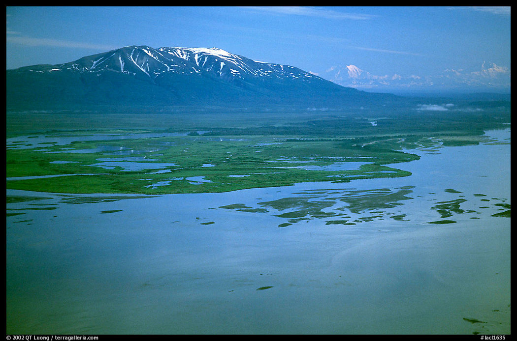 Aerial view of estuary and snowy peak. Lake Clark National Park