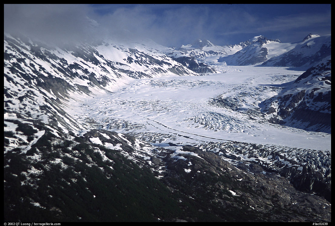 Aerial view of wide glacier near Lake Clark Pass. Lake Clark National Park, Alaska, USA.