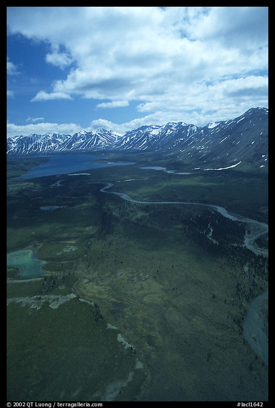 Aerial view of wide valley with Twin Lakes. Lake Clark National Park