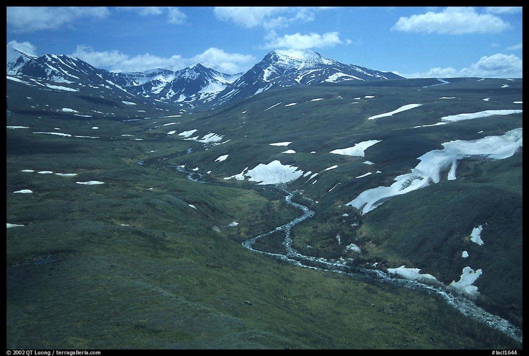 Aerial view of river and valley in the Twin Lakes area. Lake Clark National Park, Alaska, USA.