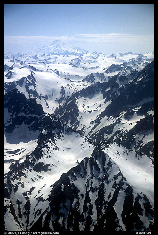 Aerial view of rugged peaks, Chigmit Mountains. Lake Clark National Park, Alaska, USA.