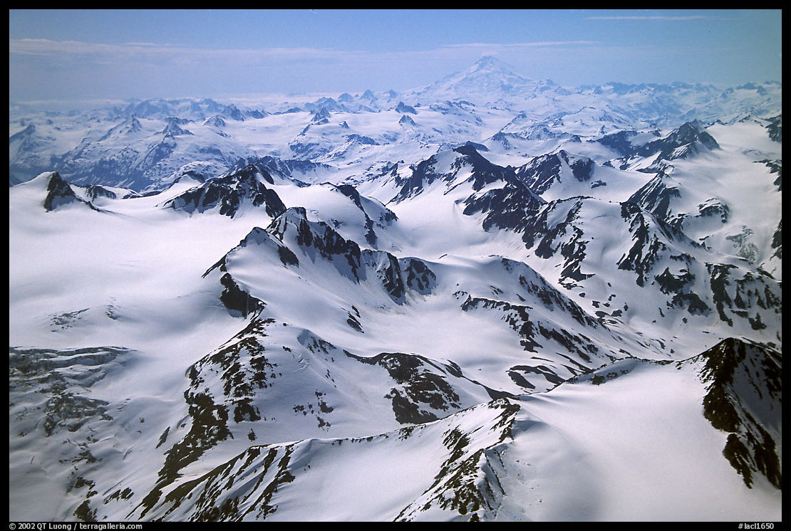 Aerial view of snowy peaks, Chigmit Mountains. Lake Clark National Park, Alaska, USA.