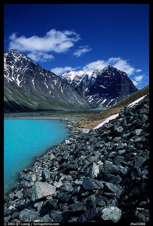 Talus, Turquoise Lake and Telaquana Mountain. Lake Clark National Park, Alaska, USA.