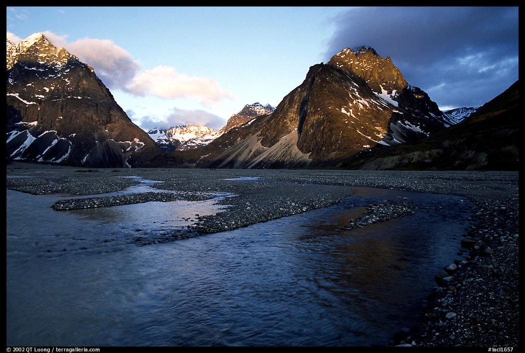 River bar below the Telaquana Mountains, sunset. Lake Clark National Park, Alaska, USA.