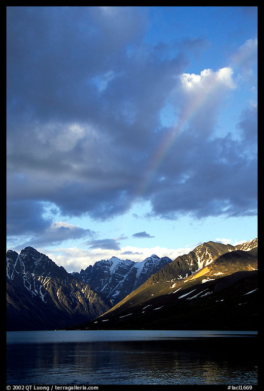 Rainbow and Telaquana Mountains above Turquoise Lake, sunset. Lake Clark National Park, Alaska, USA.