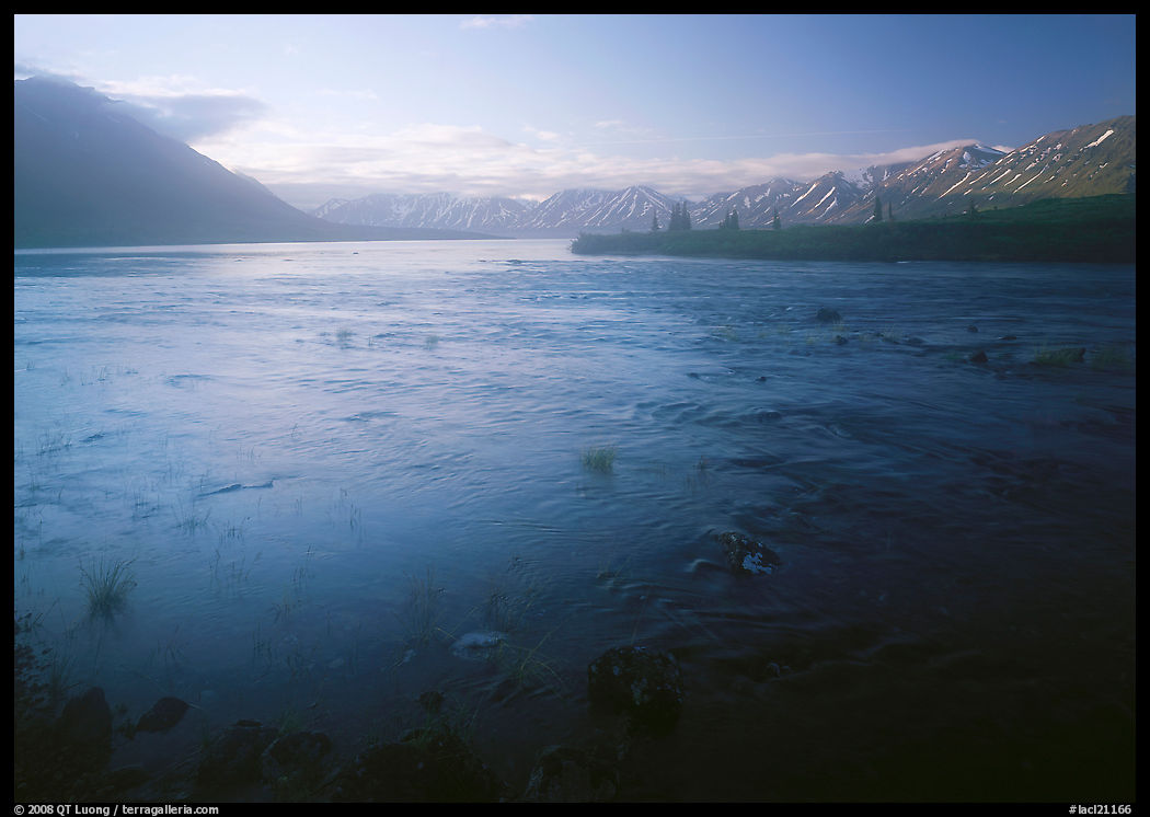 Outlet stream of Twin Lakes on a foggy morning. Lake Clark National Park, Alaska, USA.