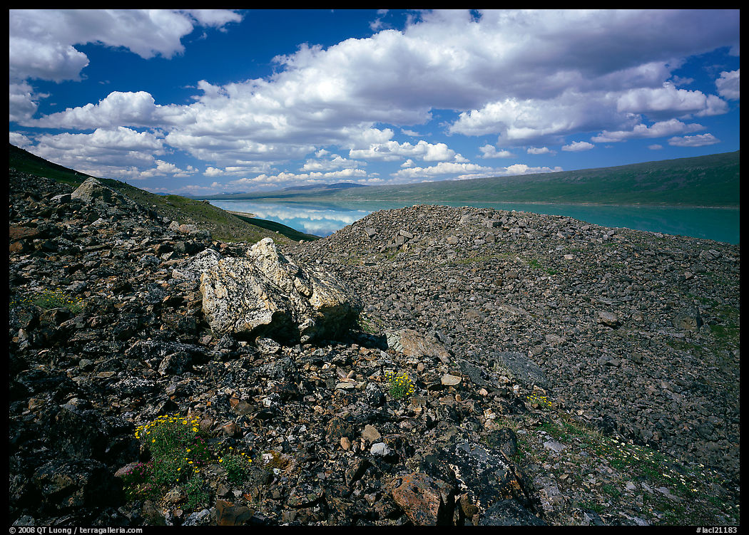 Boulder field and Turquoise Lake. Lake Clark National Park, Alaska, USA.