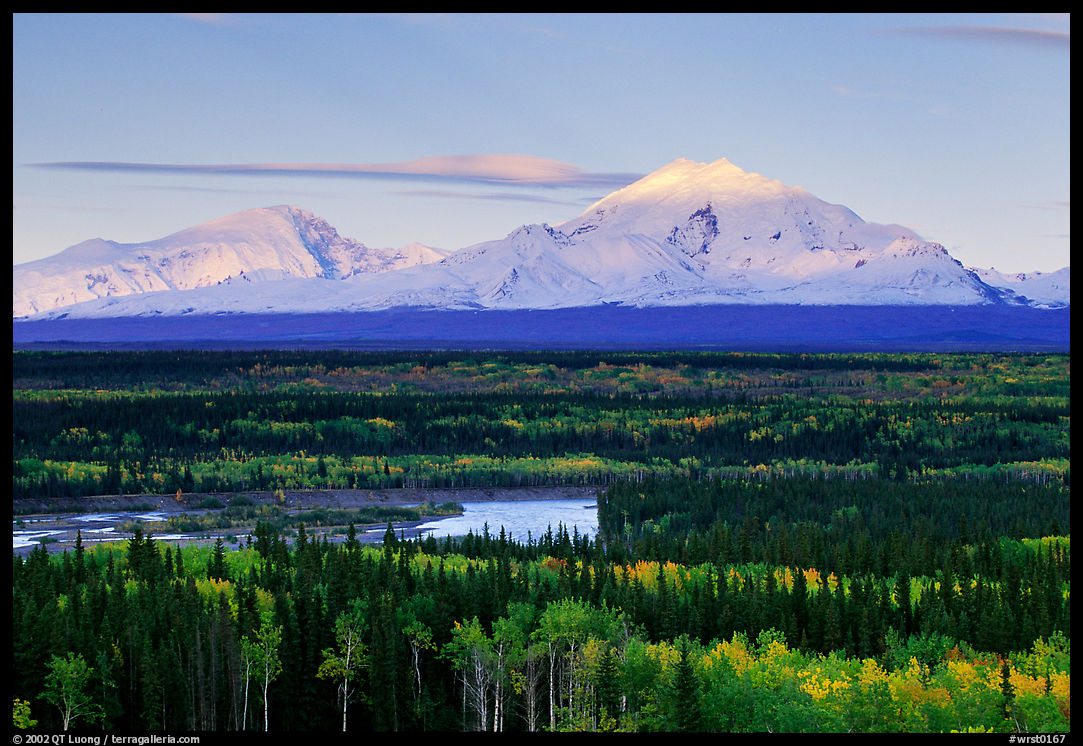 Mt Sanford and Mt Drum, late afternoon. Wrangell-St Elias National Park, Alaska, USA.