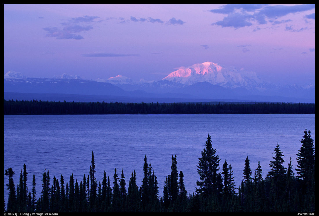 Mt Blackburn above Willow lake, sunset. Wrangell-St Elias National Park, Alaska, USA.