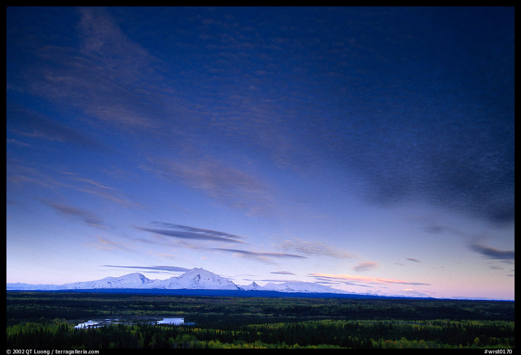 The Wrangell mountains seen from the west, sunset. Wrangell-St Elias National Park, Alaska, USA.