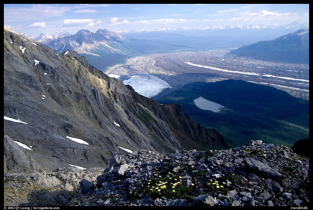 Mountain landscape with glacier seen from above. Wrangell-St Elias National Park, Alaska, USA.