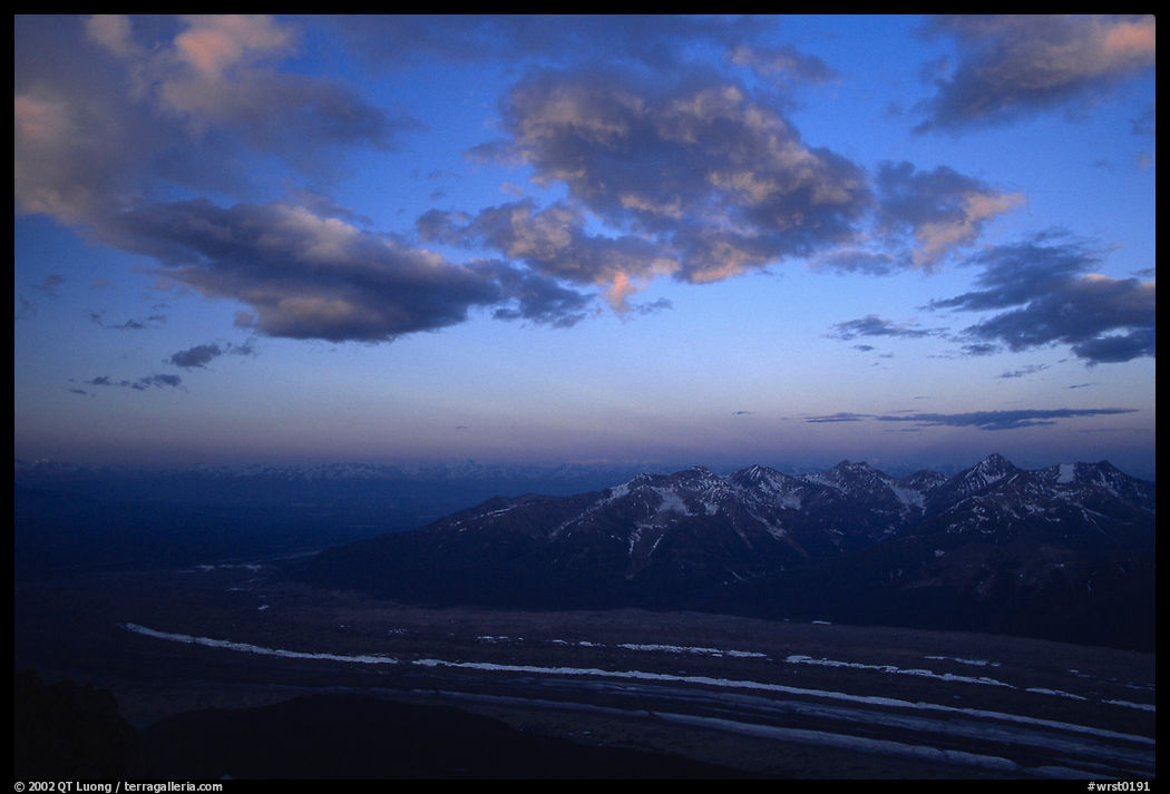 Sunrise, Kennicott glacier seen from Mt Donoho. Wrangell-St Elias National Park, Alaska, USA.