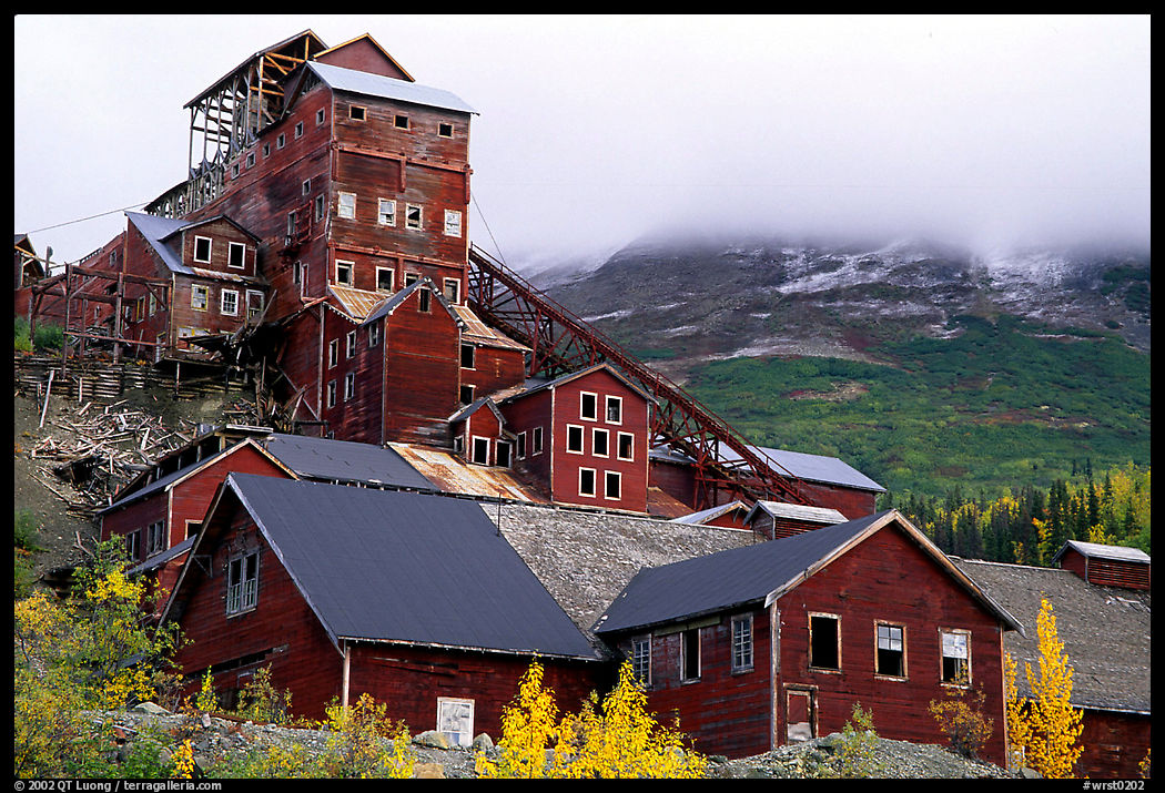 Kennicott historic copper mine and clouds. Wrangell-St Elias National Park, Alaska, USA.