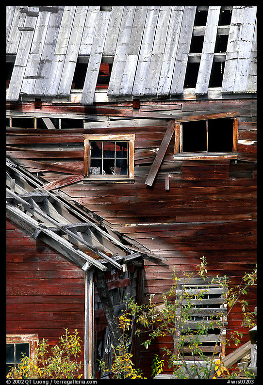Damaged roof and walls, Kennicott mine. Wrangell-St Elias National Park, Alaska, USA.
