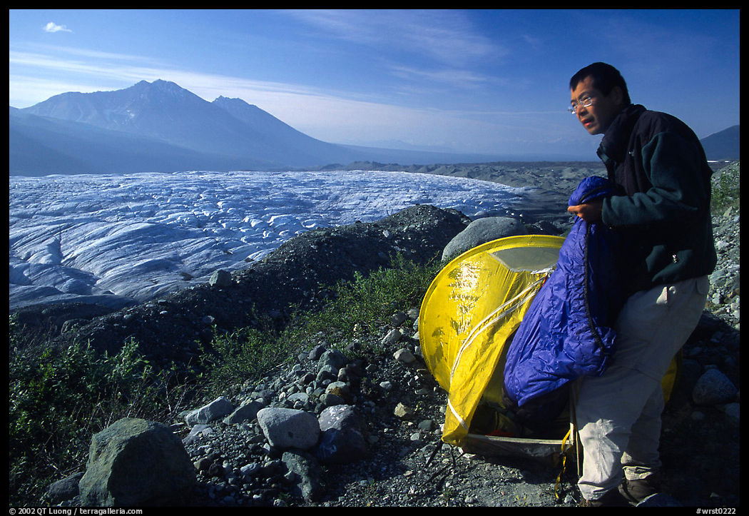Camping on the moraine above Root glacier. Wrangell-St Elias National Park, Alaska, USA.