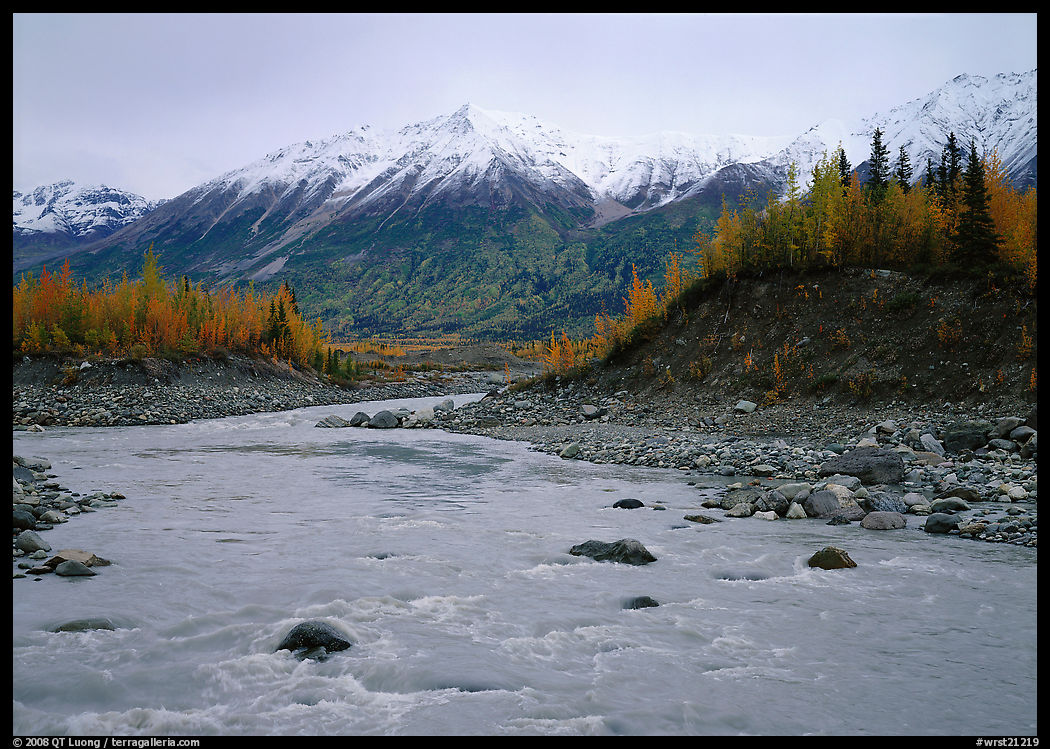 Kennicott River and snow-covered Bonanza ridge. Wrangell-St Elias National Park, Alaska, USA.