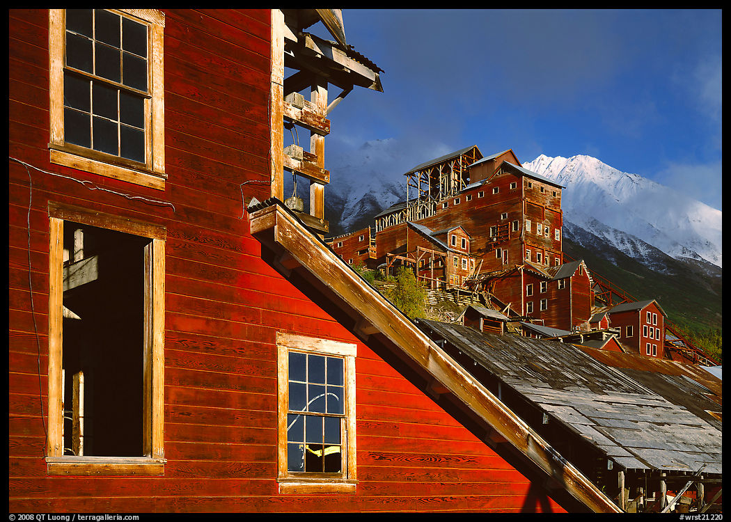 Kennicott historic mine in storm light, late afternoon. Wrangell-St Elias National Park, Alaska, USA.