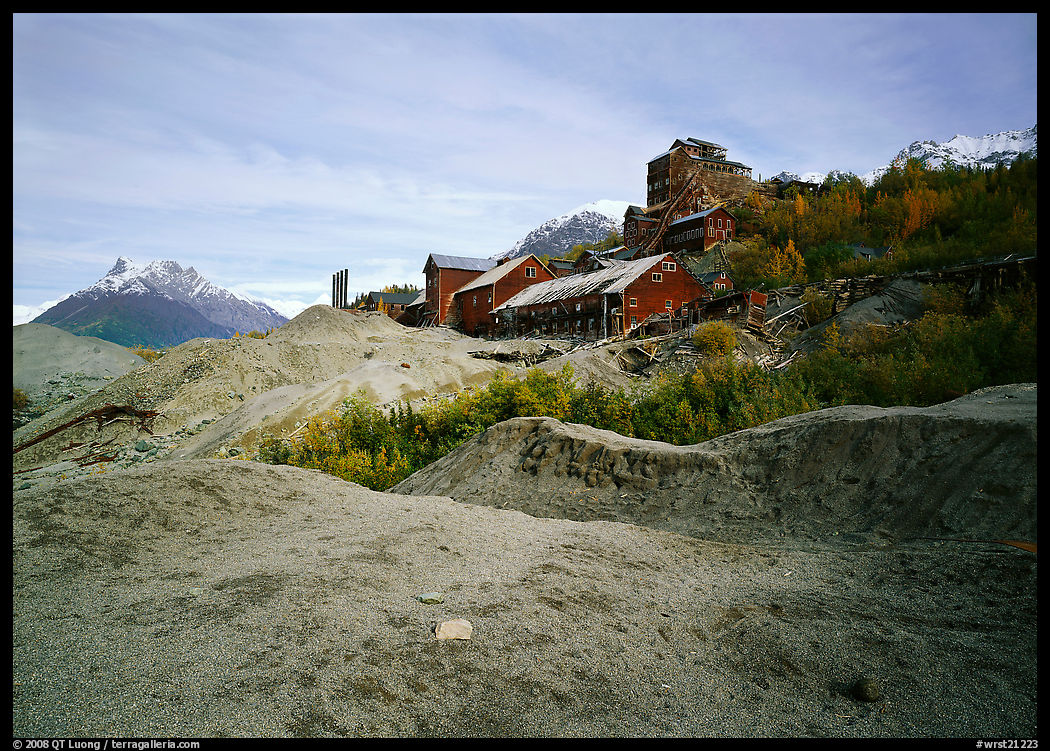 Kennecott abandonned mill above moraines. Wrangell-St Elias National Park, Alaska, USA.