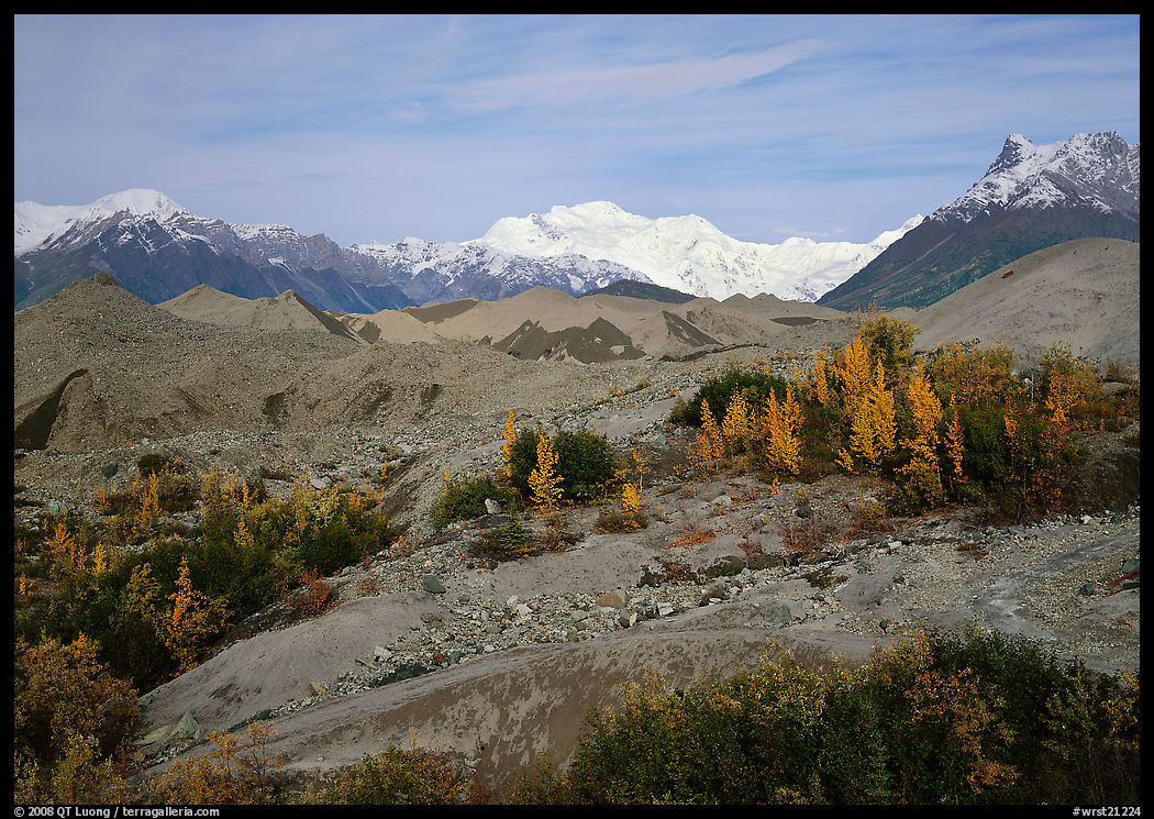 Mt Wrangell and Root Glacier moraines seen from Kenicott. Wrangell-St Elias National Park, Alaska, USA.