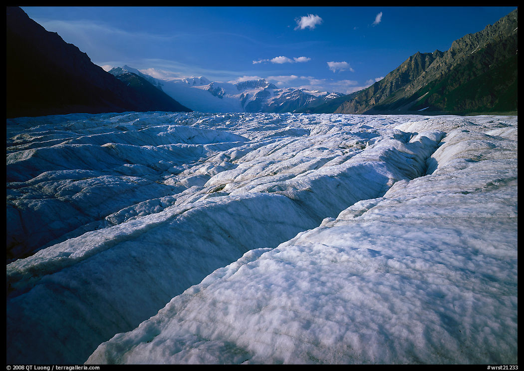 Crevasses and Root Glacier, afternoon. Wrangell-St Elias National Park, Alaska, USA.