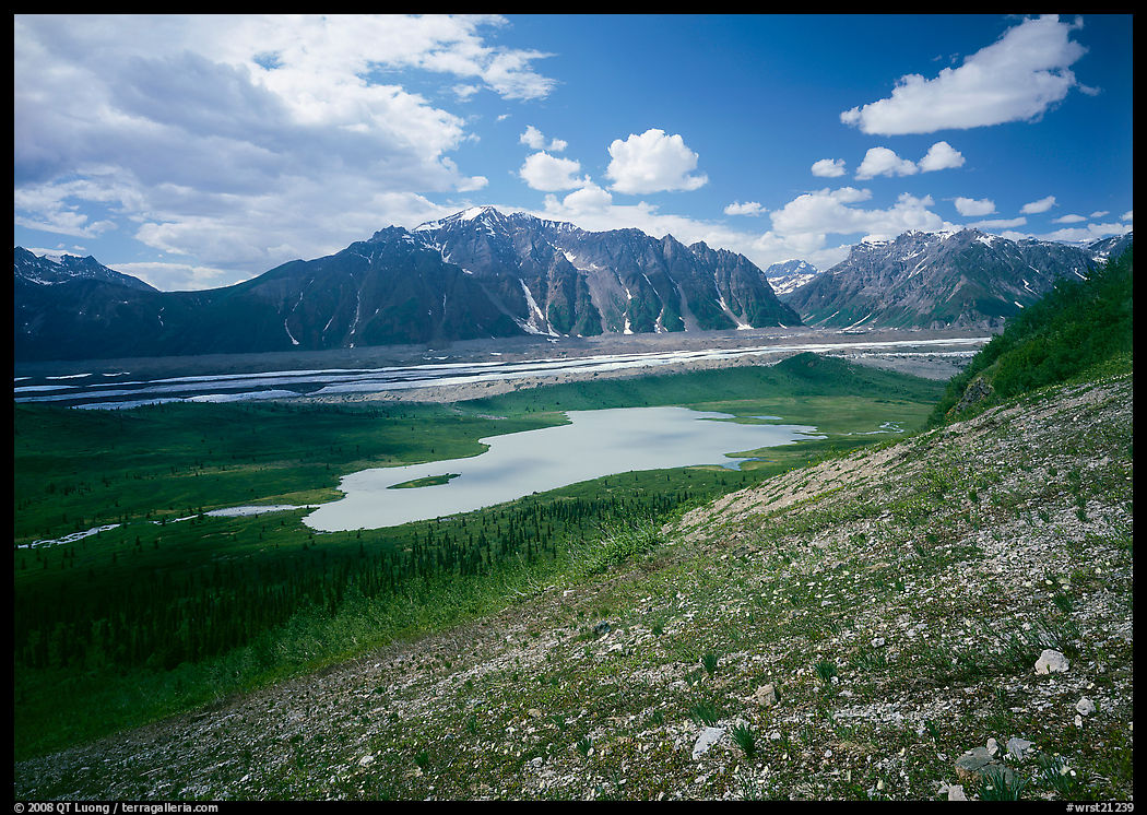 Kennicott Glacier and lake in the distance. Wrangell-St Elias National Park, Alaska, USA.