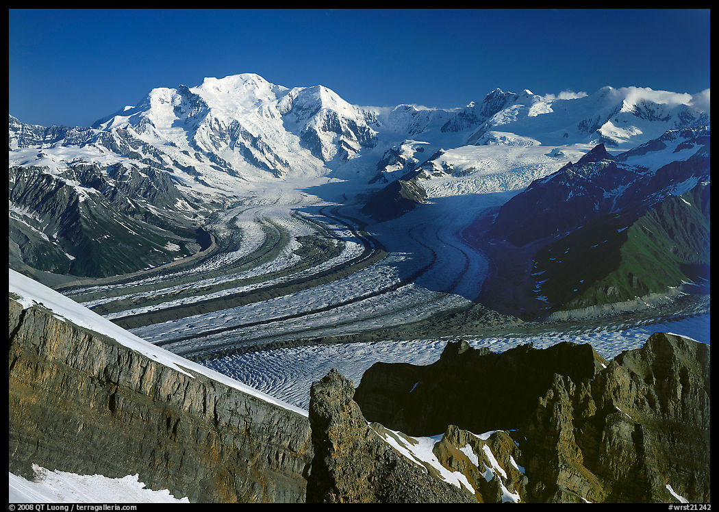 Mt Blackburn and Kennicott glacier seen from Mt Donoho, morning. Wrangell-St Elias National Park, Alaska, USA.