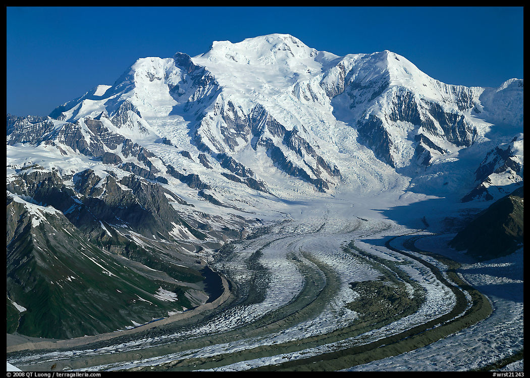 Mt Blackburn and Kennicott glacier seen from Mt Donoho, morning. Wrangell-St Elias National Park, Alaska, USA.