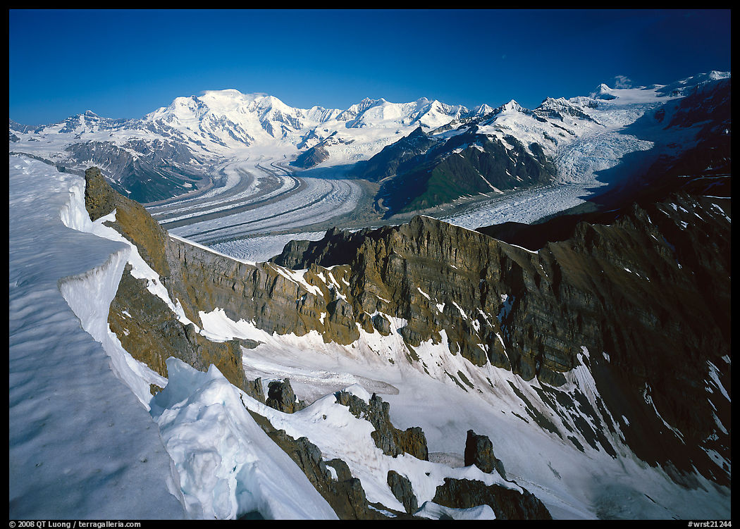 Corniche and view of glaciers and Mt Blackburn range. Wrangell-St Elias National Park, Alaska, USA.