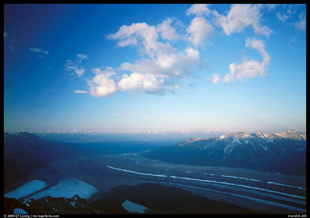 Kennicott Glacier, Chugach mountains, and clouds from Mt Donoho, sunrise. Wrangell-St Elias National Park, Alaska, USA.