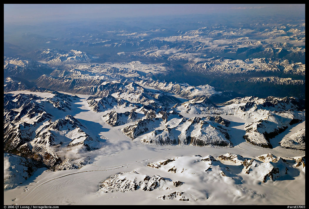 Aerial view of icefields and mountains, St Elias range. Wrangell-St Elias National Park, Alaska, USA.