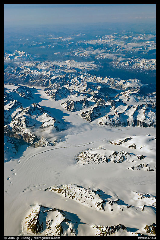 Aerial view of glaciers and mountains, St Elias range. Wrangell-St Elias National Park