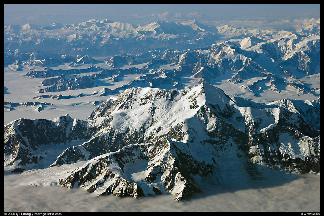 Aerial view of Mt St Elias and Mt Logan. Wrangell-St Elias National Park, Alaska, USA.