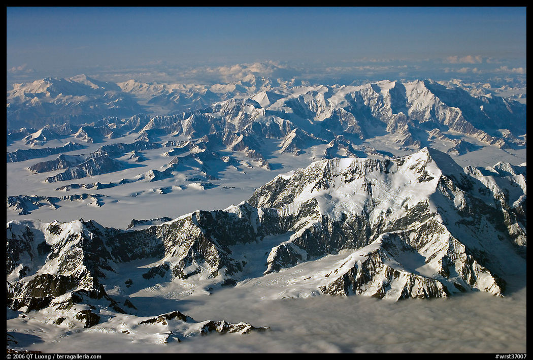 Aerial view of Mount St Elias with Mount Logan in background. Wrangell-St Elias National Park, Alaska, USA.