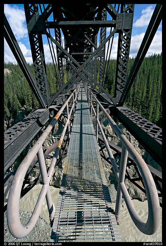 Foot catwalk below the Kuskulana river bridge. Wrangell-St Elias National Park, Alaska, USA.