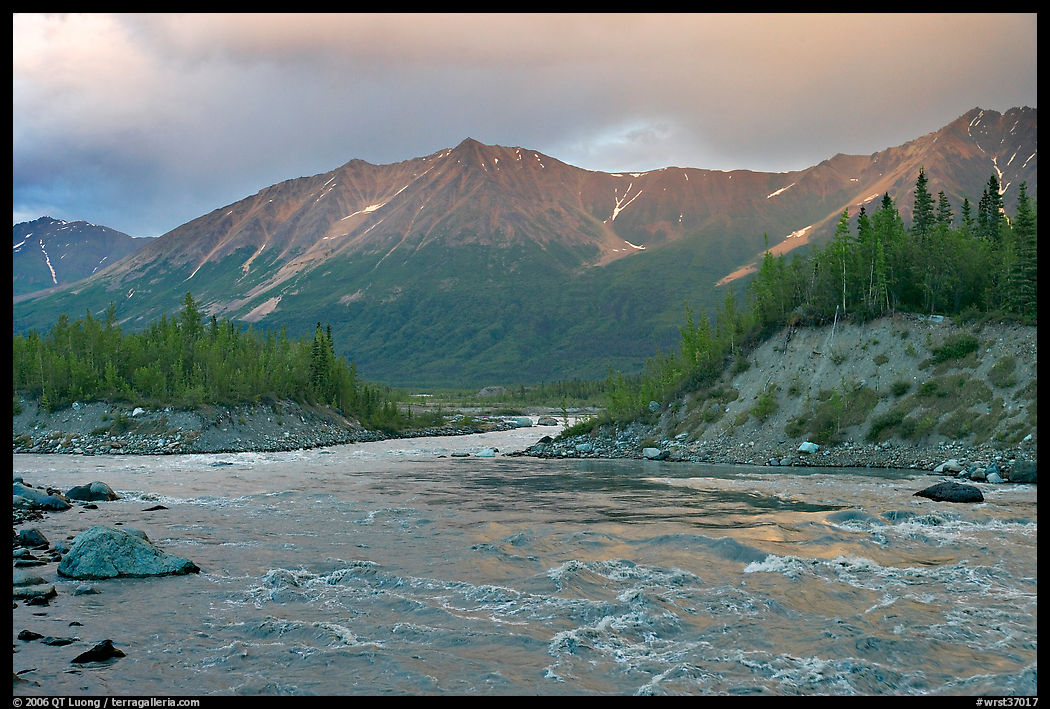 Kennicott River and Bonanza ridge at sunset. Wrangell-St Elias National Park