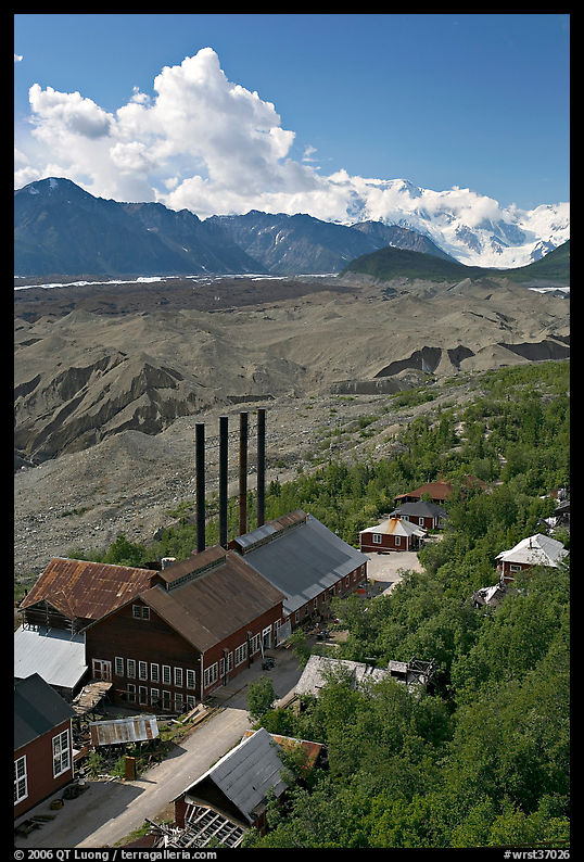Kennecott power plant, Root Glacier moraines, and Mt Blackburn. Wrangell-St Elias National Park, Alaska, USA.