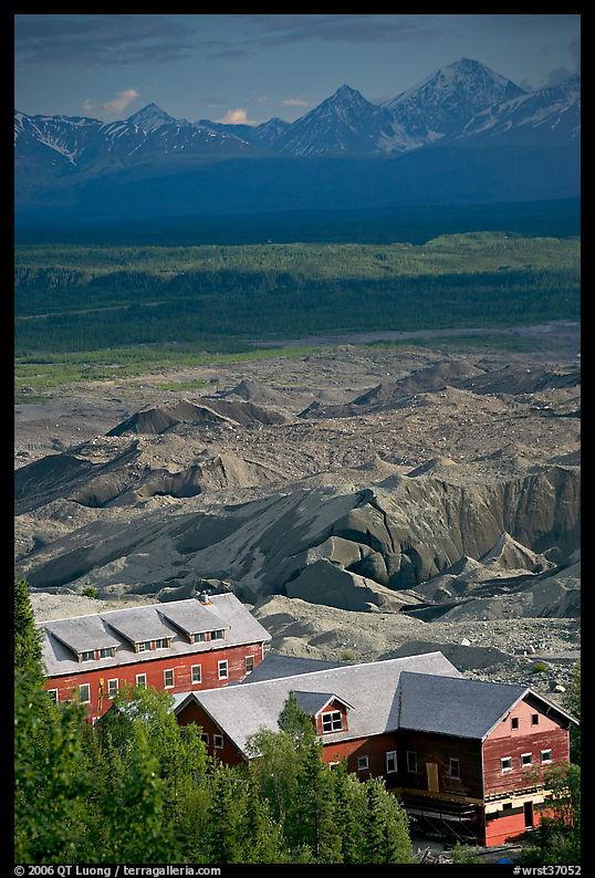 Kennecott mill town buildings and moraines of Root Glacier. Wrangell-St Elias National Park, Alaska, USA.